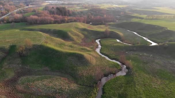 Aerial Shot Beautiful Larjeans Swedish Winding River Jungle Forest Sunset — Stock Video