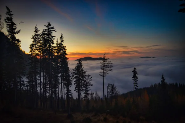 Закат Над Облаками Пейзажное Фото Холмами Деревьями Солнцем Голубым Небом — стоковое фото