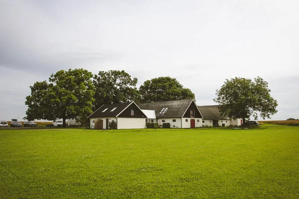 Uitzicht Landelijke Huizen Pittoreske Bomen Een Groen Open Veld — Stockfoto