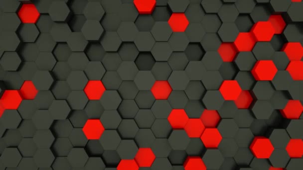 ランダムな手の動きで黒と赤の六角形モジュール 要約技術 データおよびエンジニアリングの動きの背景 4Kシームレスループ 3Dレンダリング — ストック動画