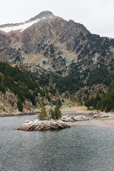 Hermoso Plano Vertical Una Alta Montaña Con Árboles Cubriéndola Lago —  Fotos de Stock