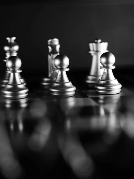 Vertical Closeup Shot Metallic Silver Chess Pieces — Stock Photo, Image