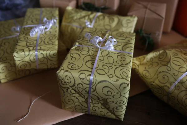 Closeup Shot Gift Boxes Wrapped Decorative Paper — Stock Photo, Image
