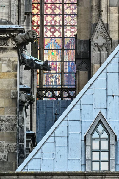 ガルゴイルと窓ガラスを持つゴシック様式のケルン大聖堂の断片の垂直ショット — ストック写真