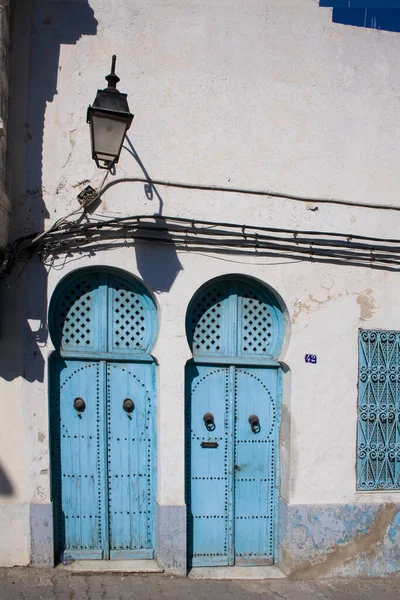 Blauwe Vintage Deuren Van Een Oud Gebouw Tunesië — Stockfoto