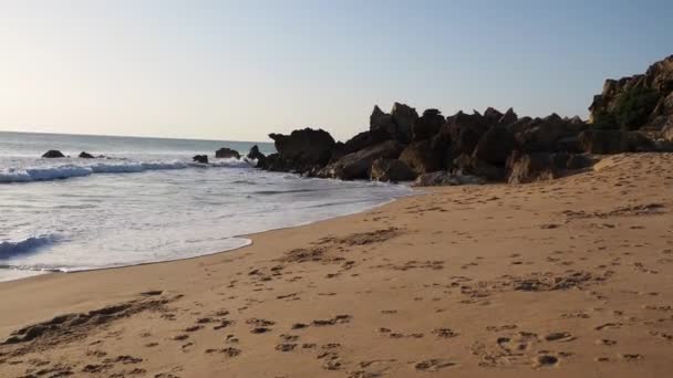 Colpo Onde Oceaniche Schiumose Che Infrangono Sulle Rocce Una Spiaggia — Video Stock