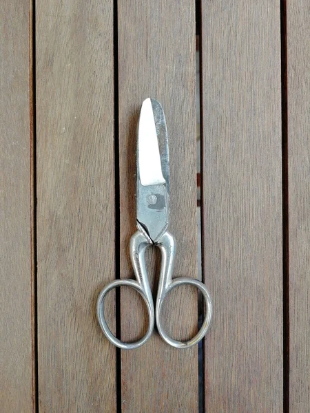 Top View Silver Scissors Wooden Background — Stock Photo, Image