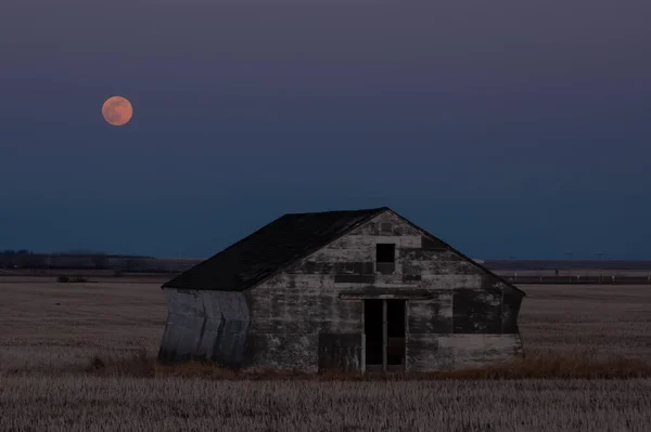Прекрасний Вид Хатину Пустельному Полі Рожевий Місяць Небі — стокове фото