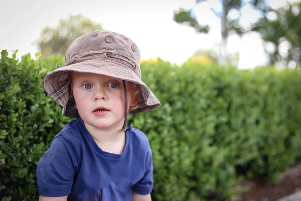 Happy Adorable Blonde Australian Kid Green Bushes Background — Stockfoto