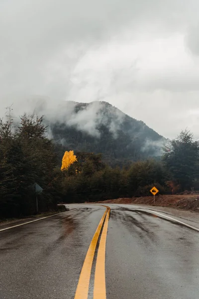 Vertical Shot Wet Asphalt Road Background Foggy Mountains — Stock Photo, Image