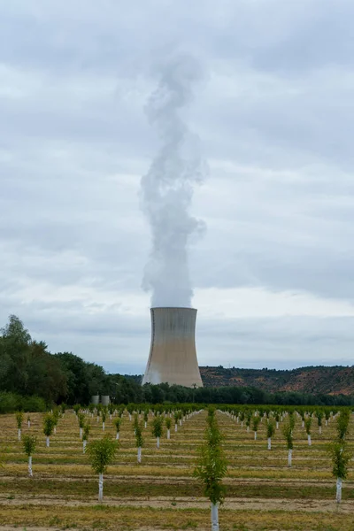 Nuclear Power Plant Next Field Cloudy Sky — Stockfoto