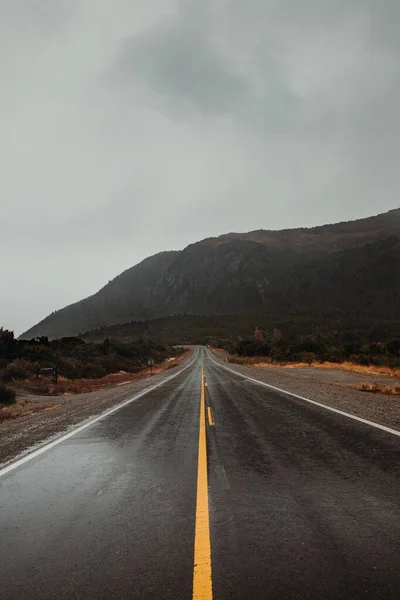 霧の多い山を背景にしたぬれたアスファルトの道路の垂直ショット — ストック写真