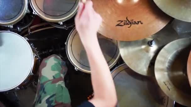 Drummer Enthusiastically Playing Drum Kit Top View — Stock Video