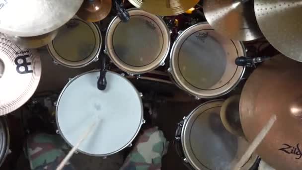 Drummer Enthusiastically Playing Drum Kit Top View — Stock Video