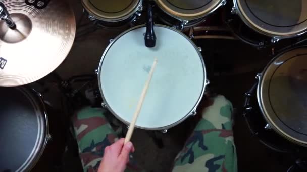 Drummer Enthusiastically Playing Drum Kit Top View — Stock Video