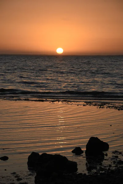 Vertical Shot Beautiful Sunset Sea Silhouette Rocks Shore — 스톡 사진