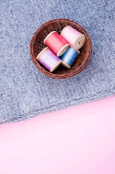 Basket Colorful Sewing Threads Grey Fabric Free Space Text — Stock Photo, Image