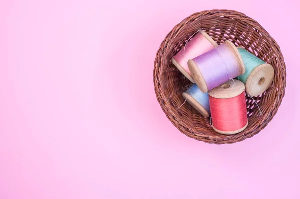 Basket Colorful Sewing Threads Isolated Pink Background Free Space Text — 스톡 사진