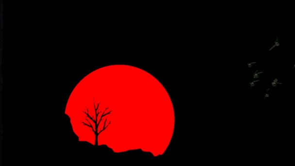 Les Oiseaux Volent Nuit Avec Lune Rouge Dans Ciel Noir — Video