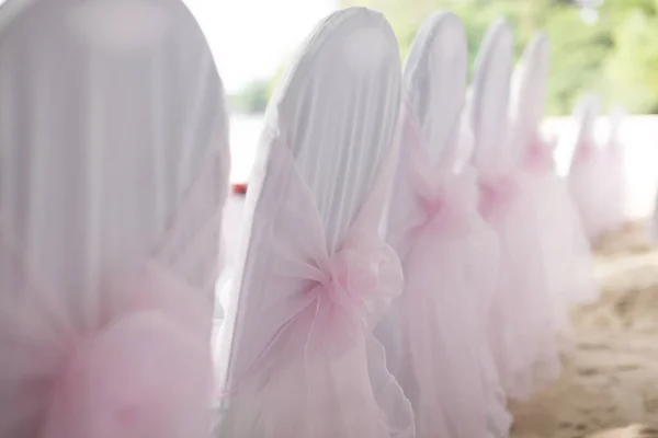 Rows White Chairs Pink Ribbons Beach Wedding — Stock Photo, Image