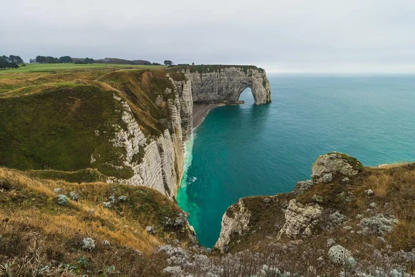 Famous Etretat Aval Cliff Natural Arch Landmark Ocean Normandy France — Stock Photo, Image