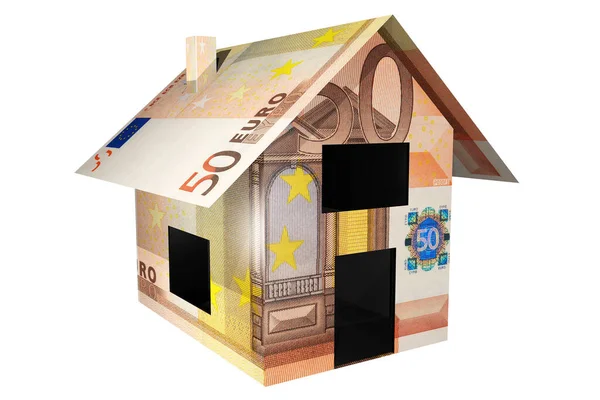 Une Maison Pliée Billets Euros Sur Fond Blanc — Photo