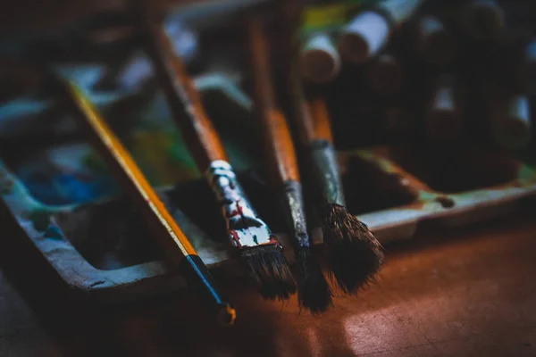 Closeup Shot Paintbrushes Watercolors Table Background — Stock Photo, Image