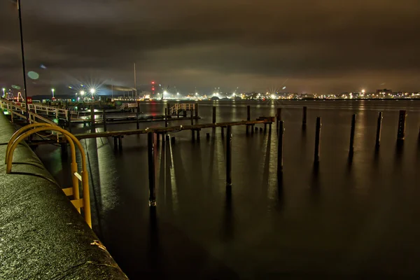 Primo Piano Del Porto Con Luci Notturne Kiel Germania — Foto Stock