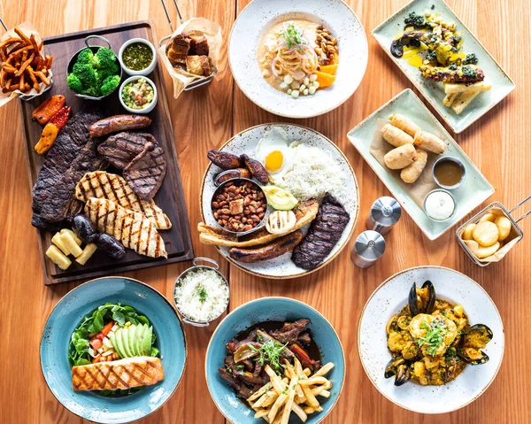 Overhead Shot Dinner Table Variety Served Dishes — 스톡 사진