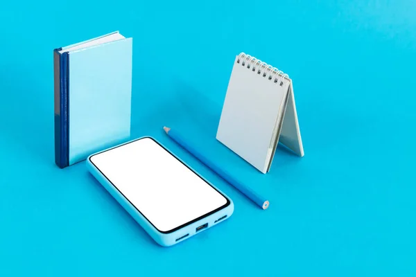 Blank Calendar Notebook Pencil Smart Phone Light Blue Background Learning — Stock Photo, Image