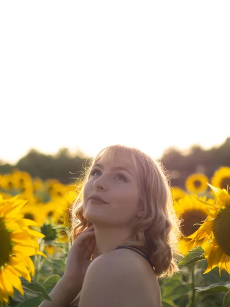 Een Mooie Jonge Dame Poserend Het Zonnebloemenveld — Stockfoto