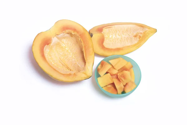 Una Vista Superior Tazón Mango Rodajas Mango Medio Cortado — Foto de Stock