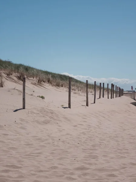 Ein Zaun Mit Holzstangen Und Metalldrähten Sandstrand — Stockfoto