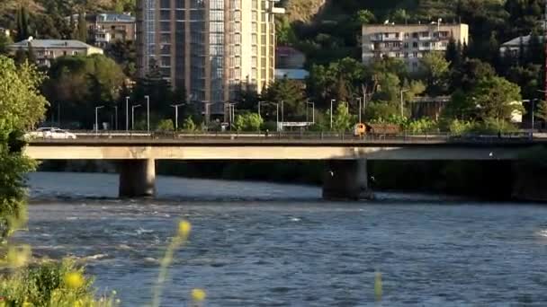 Uma Vista Carros Dirigindo Uma Ponte Sobre Rio Dia Ensolarado — Vídeo de Stock