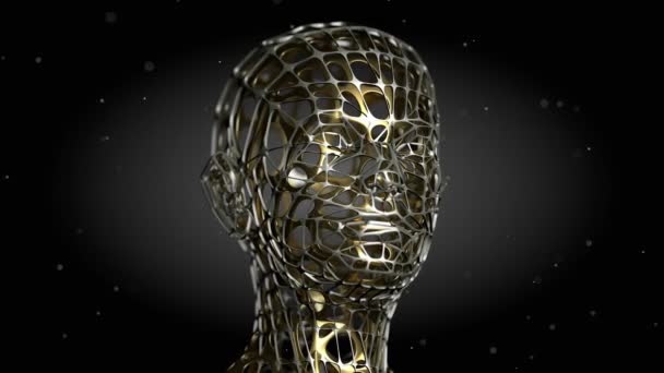 3Dバイメタルのアンドロイドやエイリアンの頭の周りに浮遊粒子と回転 抽象技術 科学のファンタジー 場の深さ — ストック動画
