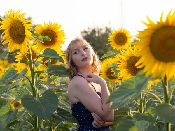 Una Femmina Caucasica Curvy Posa Nel Campo Scenico Girasoli Luminosi — Foto Stock