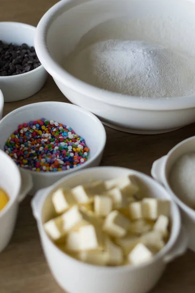 Top View Different Ingredients Cookie White Bowls Put Wooden Kitchen — Stock Photo, Image