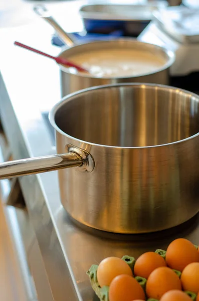 Process Vanilla Cream Cooking Saucepans Kitchen Table — Stock Photo, Image