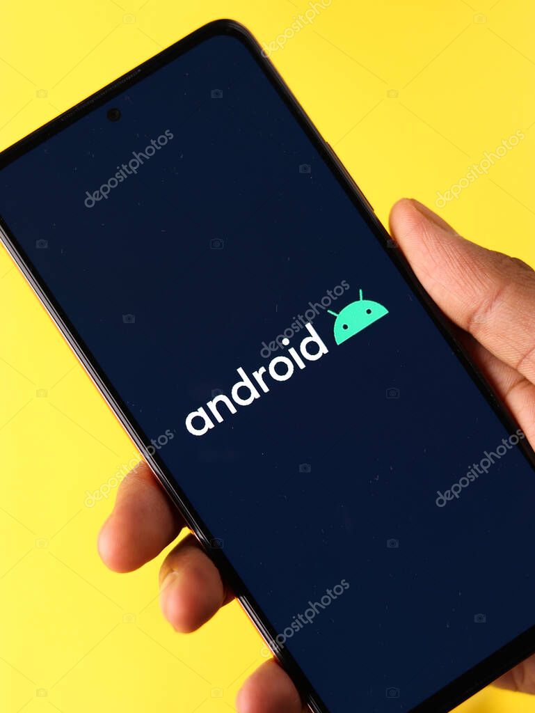 DIBRUGARH, INDIA - May 22, 2021: Android logo on phone screen stock image.