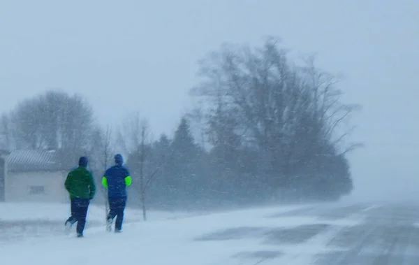 Las Dos Personas Trotando Durante Una Fuerte Tormenta Nieve Ontario — Foto de Stock