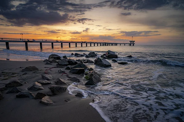 Magnifique Coucher Soleil Panoramique Sur Jetée Burgas Sur Côte Mer — Photo