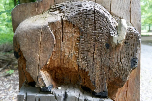 Primer Plano Una Escultura Toro Madera Tallada Parque — Foto de Stock