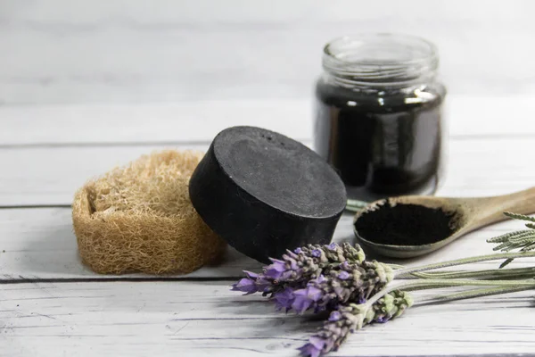 Group Vegetable Ingredients Make Natural Cosmetics Activated Carbon — Stock Photo, Image