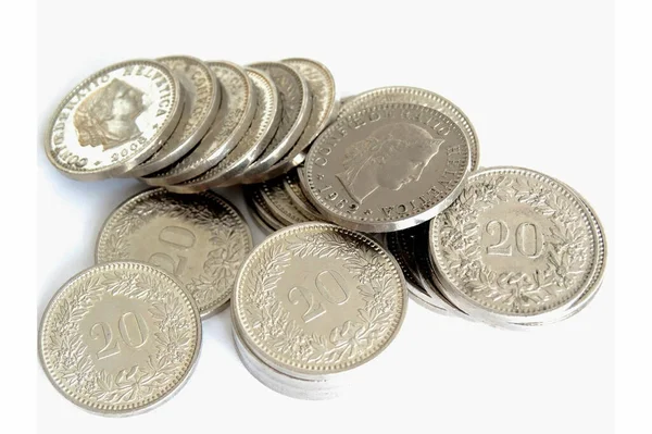 Closeup Pile Silver Coins Isolated White Background — Fotografia de Stock