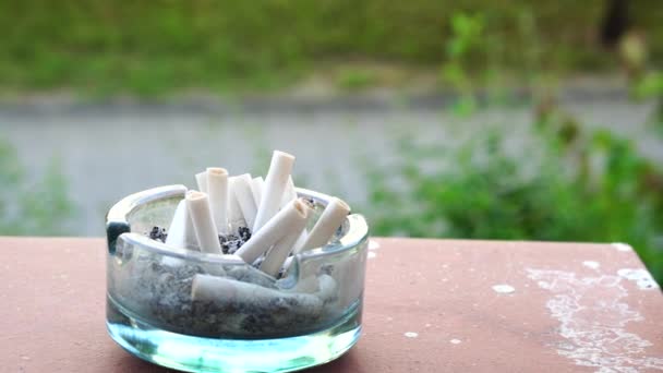使用済みタバコの入ったガラス灰皿 — ストック動画