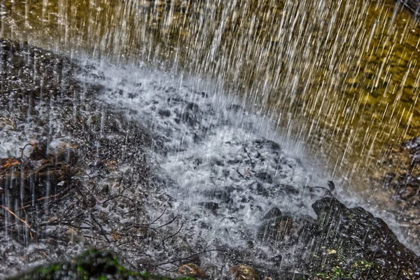 Closeup Waterfall Splash Flowing Rocks Covered Moss — Stock Photo, Image