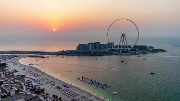 Aerial Timelapse Video Bluewaters Island Dubai Eye Observation Wheel Sunset — Stock Video