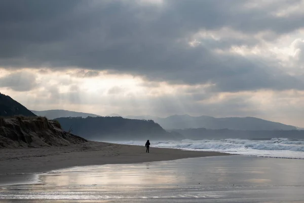 Cenário Glorioso Uma Pessoa Sozinha Praia Areia Amanhecer — Fotografia de Stock