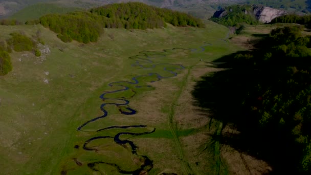 Flygfoto Över Kurvfloden Grönt Fält Bosnien Och Hercegovina — Stockvideo