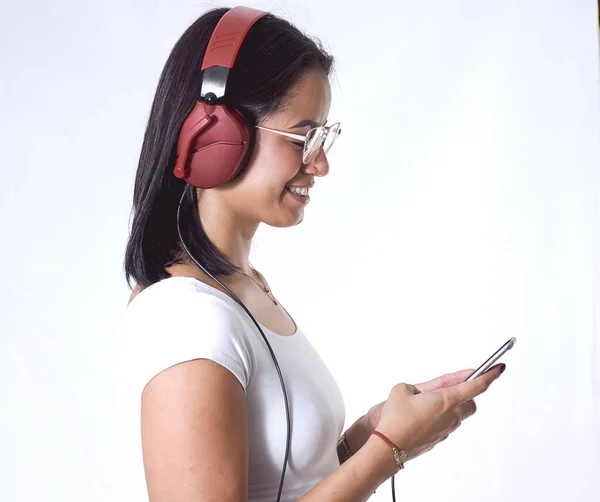 Hispanic Female Listening Music Headphones Isolated White Background — Stock Photo, Image